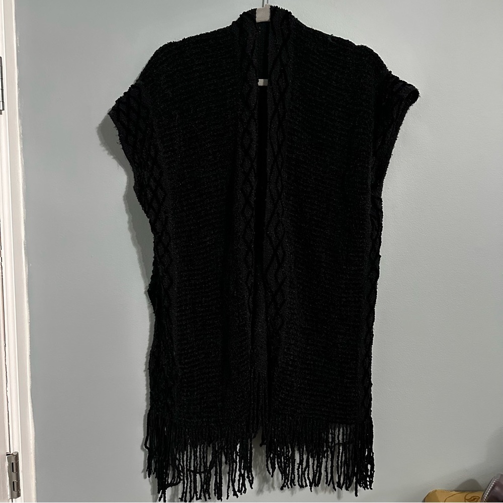 Black Knit Open-Front Fringe Cardigan Shall One-Size - Picture 3 of 8